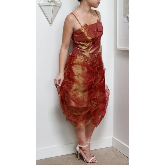 Y2K Two Tone Crimson & Gold Taffeta Prom Dress w/ Rosettes and Ruffles Formal - Picture 2 of 7